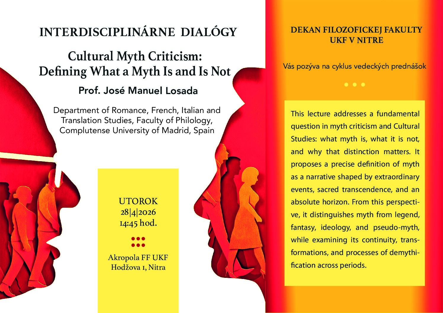 Intervención de José Manuel Losada: “Cultural Myth Criticism: Defining What a Myth Is and Is Not” en la Universidad de Nitra